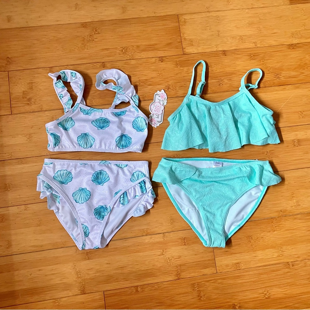 NWT Girls' Size 10 Aqua Sea Shell & Mint Ruffle Bikini Set - Swimsuit